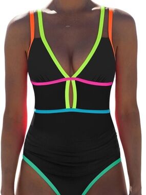 Popvil Black One-Piece Swimsuit with Neon Trim - Women Swim